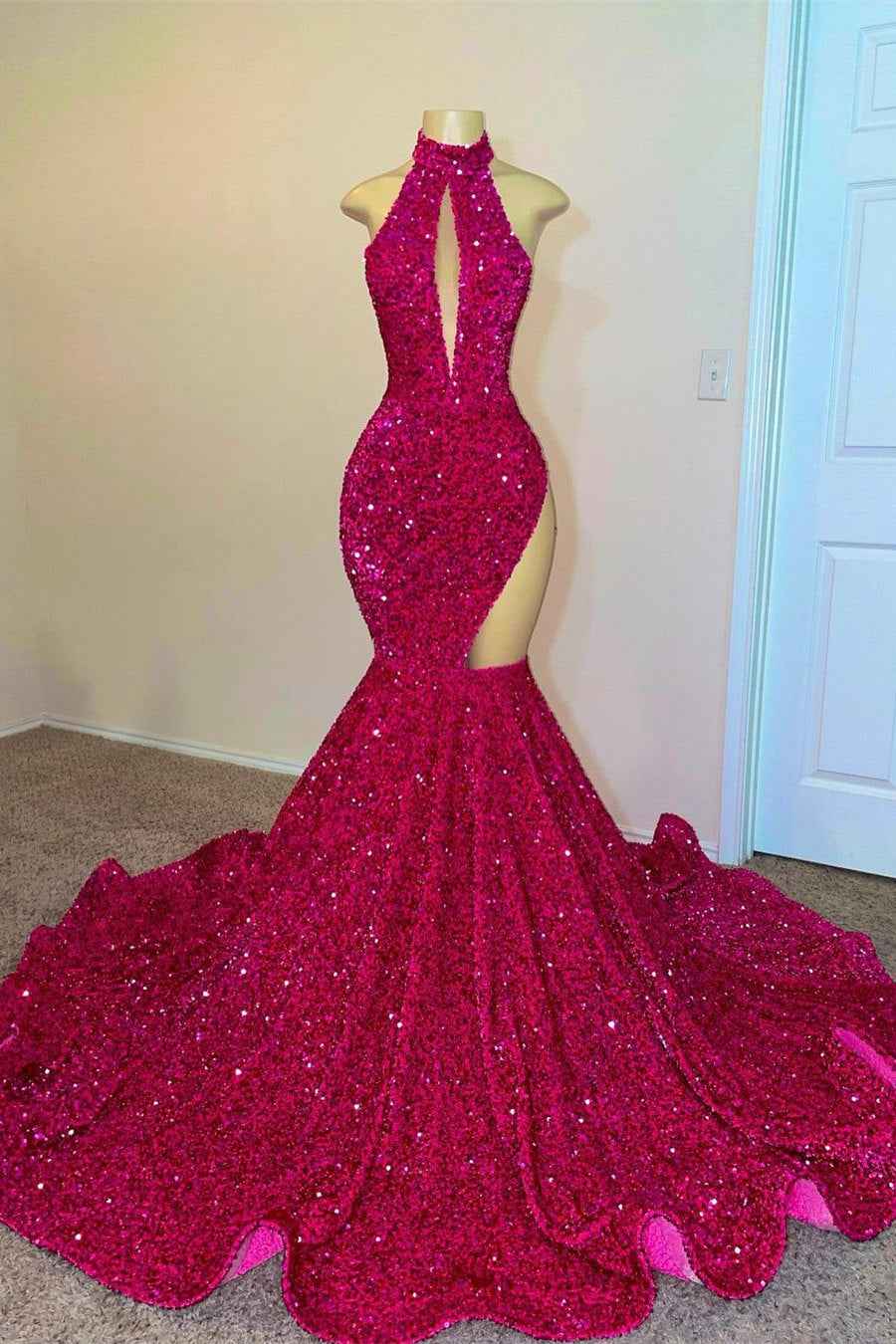 Charming Sleeveless Fuchsia High Neck Mermaid Long Prom Dress With Sequins