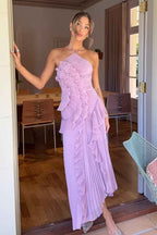 Stunning Halter Sleeveless Long Prom Dress With Pleated Ruffles