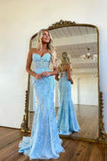 Baby Blue Prom Dress Ball Gown with Mermaid Appliques BM bride