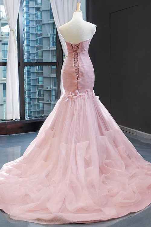 Pink Sweetheart Mermaid Sleeveless Prom Dress With Tulle Ruffle Online