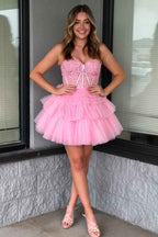 Sparkly Pink Corset Tiered Short A-Line Tulle Homecoming Dress with Lace Bmbride