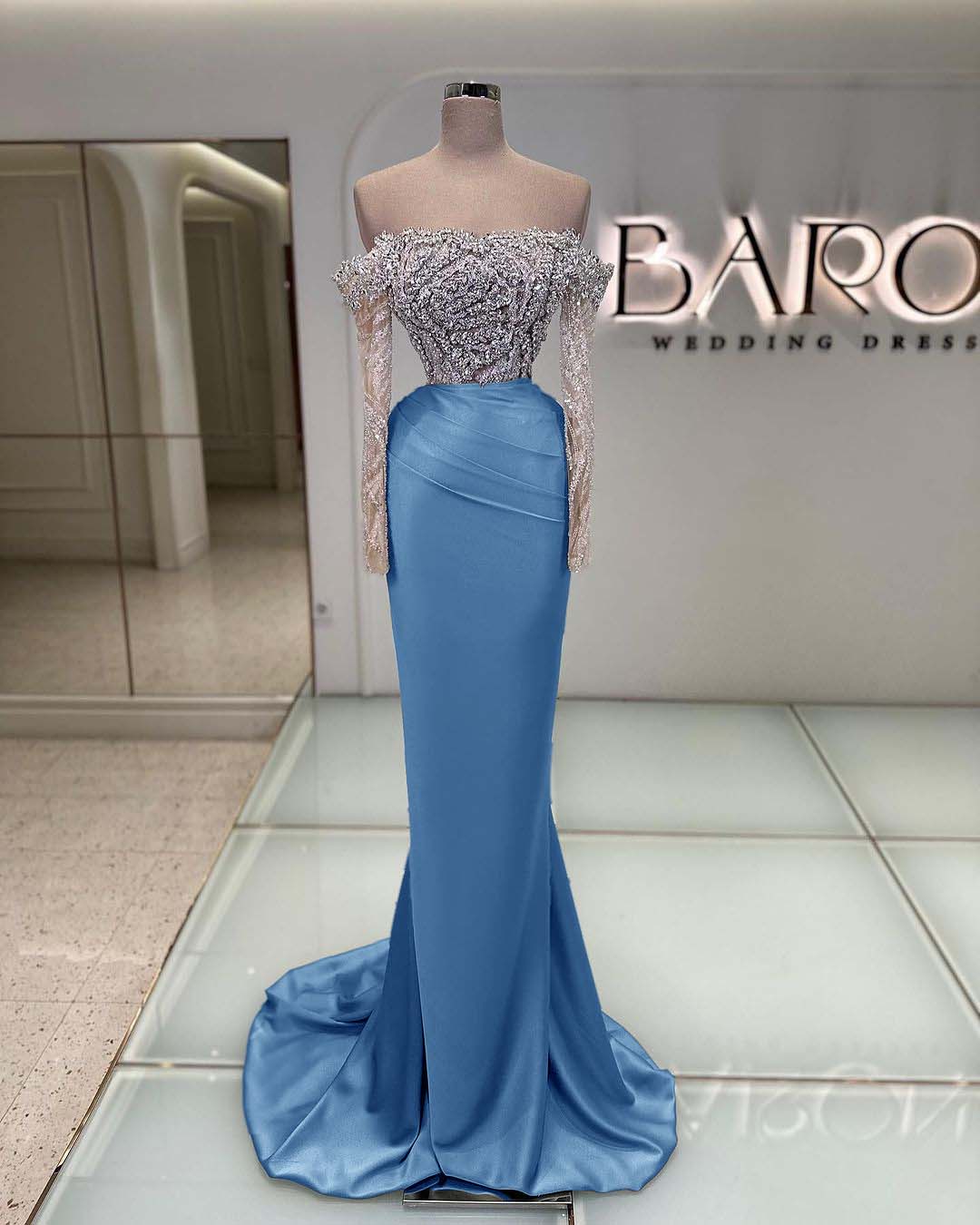 Off the Shoulder Long Sleeves Long Mermaid Prom Dress With Beading BMBRIDE