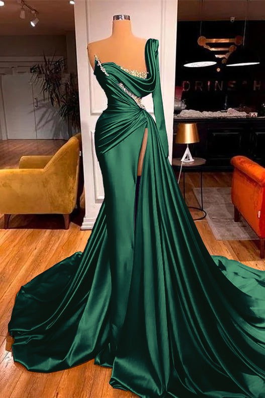 Mermaid One Shoulder Long Sleeve Pleated Prom Dress Split With Beadings