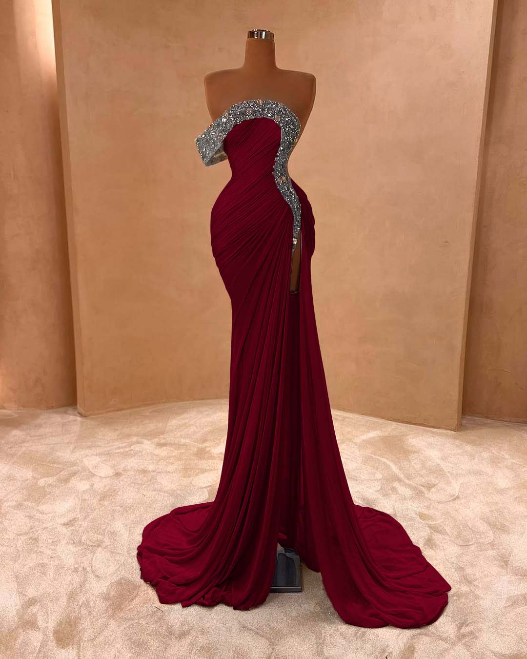 One Shoulder Sleeveless Long Split Prom Dress With Pleated Sequins BMBRIDE
