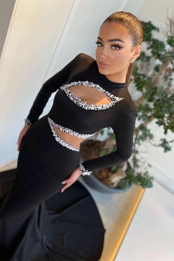 Black Long Sleeves Mermaid Prom Dress High Neck with Beadings BM bride