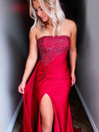 Elegant Red Strapless Satin Long Prom Dress with Slit BM bride