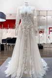 Long Sleeve A-Line Lace Wedding Dress with Open Back and Tulle Appliques BM bride