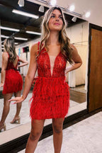 Sparkly Red Beaded Feathered Tight Short Homecoming Dress Bmbride