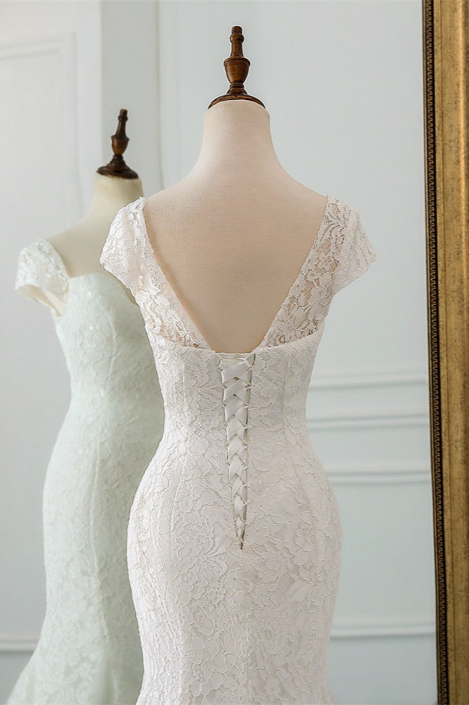 Sweetheart Lace Long Mermaid Wedding Dress with Cap Sleeves BM bride