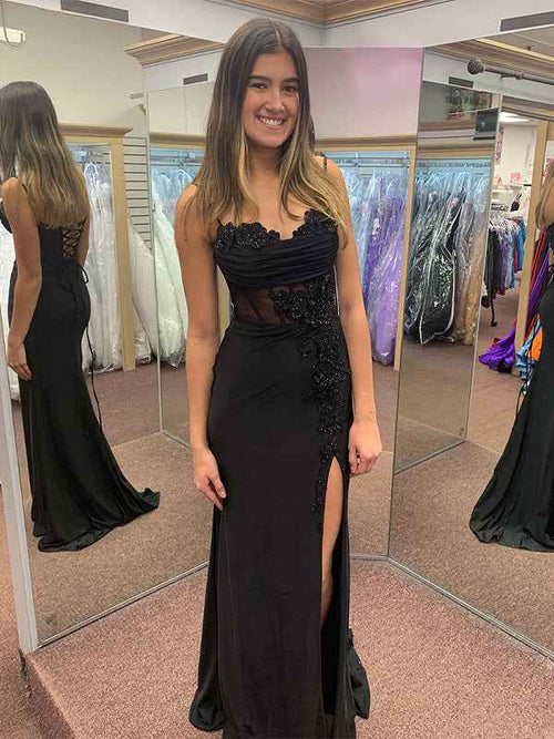 Black Mermaid Spaghetti Straps Applique Long Prom Dress with Slit BMBRIDE