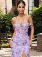 Purple Floral Mermaid  Off the Shoulder Long Prom Dress With Slit