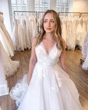 Beautiful Sleeveless A-line V-neck Wedding Dress With Lace Appliques Tulle BM bride