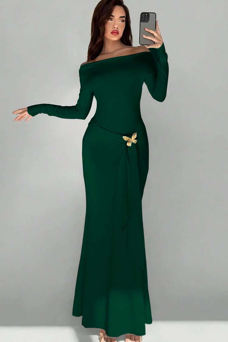 Off the Shoulder Long Sleeves Long Mermaid Prom Dress With Appliques BMBRIDE