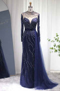 V Neck Long Sleeves Long Prom Dress Tulle Ruffles With Appliques