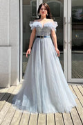 Elegant Off-the-Shoulder A-Line Sequins Tulle Prom Dress with Belt and Beads BM bride