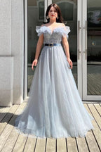 Elegant Off-the-Shoulder A-Line Sequins Tulle Prom Dress with Belt and Beads BM bride