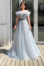 Gorgeous Off the Shoulder A Line Sequins Tulle Prom Dress With Belt Beads