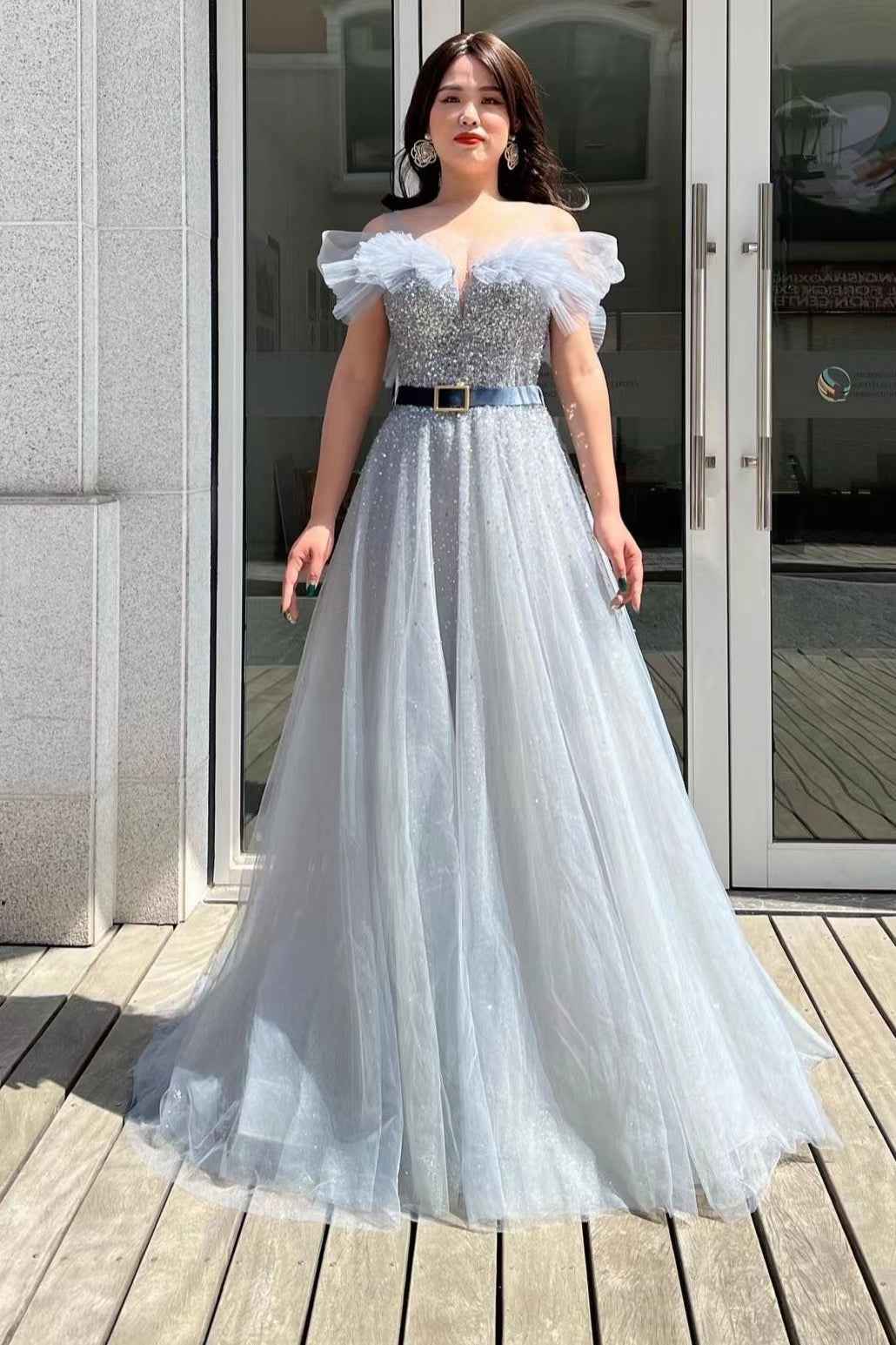 Gorgeous Off the Shoulder A Line Sequins Tulle Prom Dress With Belt Beads