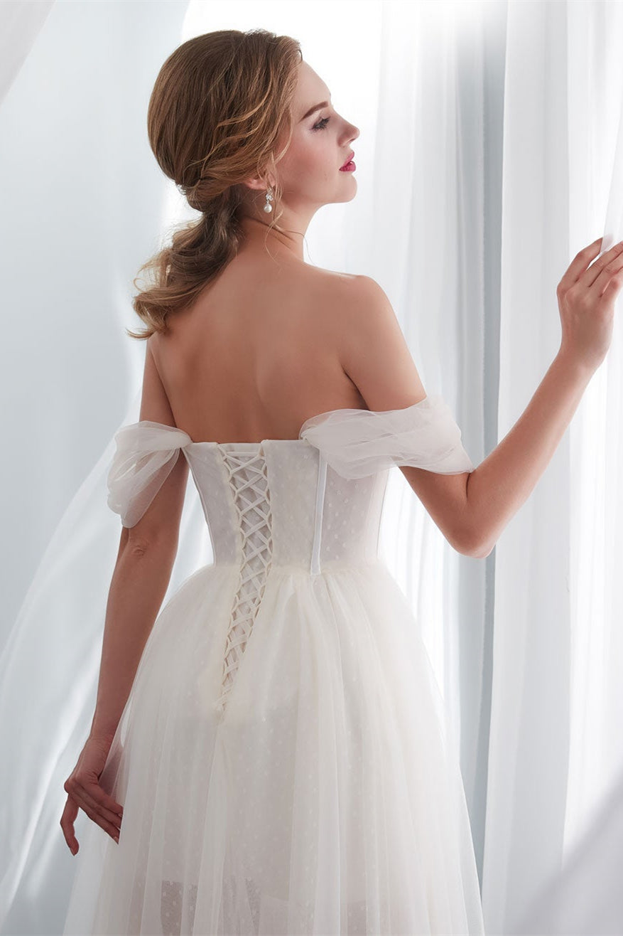 Long Off-the-Shoulder Tulle Wedding Dress BM bride