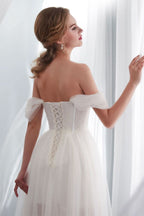 Long Off-the-Shoulder Tulle Wedding Dress BM bride