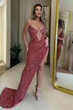 Sexy Strapless V-Neck High Slit Sequined Prom Gown BM bride