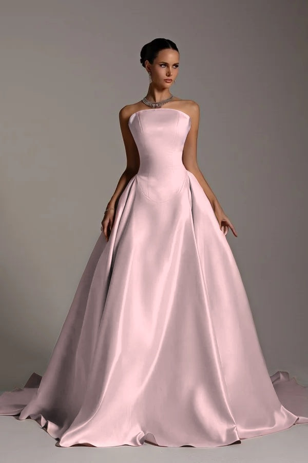 Chic Strapless Sleeveless A Line Long Prom Dress With Pleated BMBRIDE