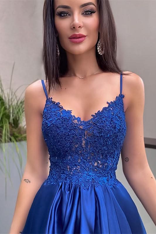 Royal Blue Lace Appliques Prom Dress with Pockets BM bride