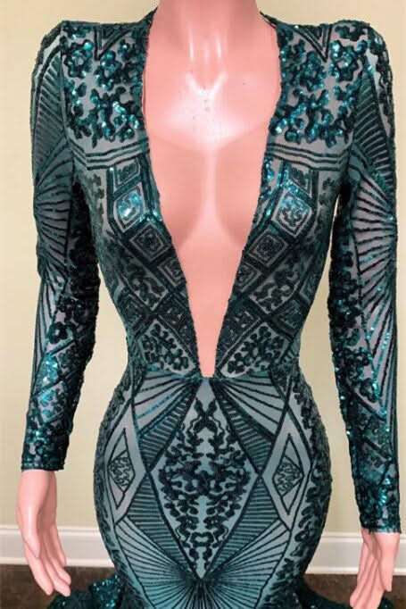 Emerald V-Neck Long Sleeves Sequins Lace Mermaid Prom Dress BM bride