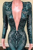 Emerald V-Neck Long Sleeves Sequins Lace Mermaid Prom Dress BM bride