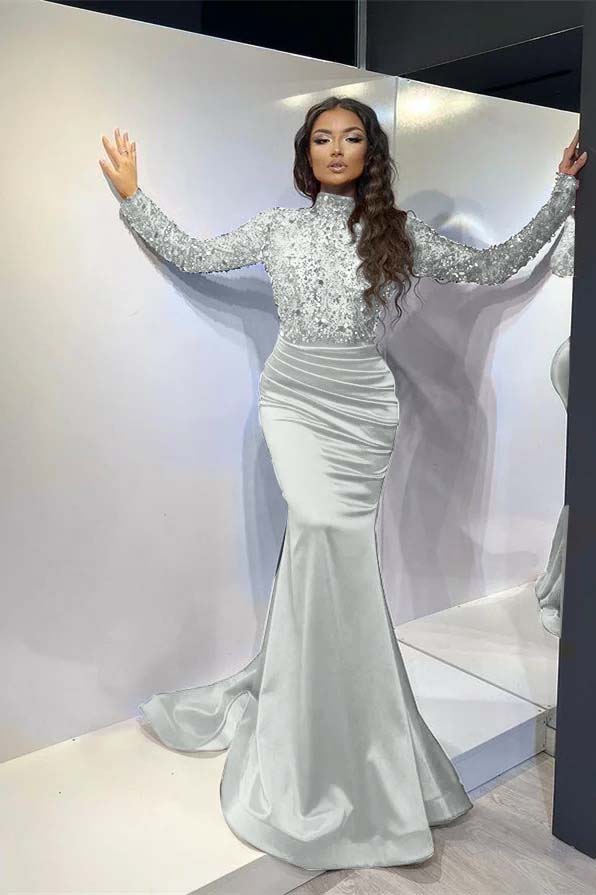 Classic Red Long Mermaid Prom Dress Pleated With Long Sleeves BMBRIDE