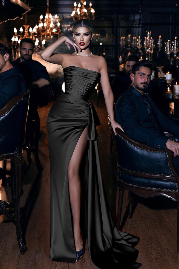 Sleeveless Mermaid Royal Blue Prom Dress Strapless Long With High Split BMBRIDE