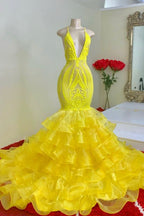 Yellow Lace Spaghetti-Straps Mermaid Prom Dress with Ruffles BM bride