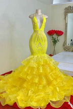 Mermaid Yellow Spaghetti Strap Halter Sleeveless Prom Dress Lace With Ruffles