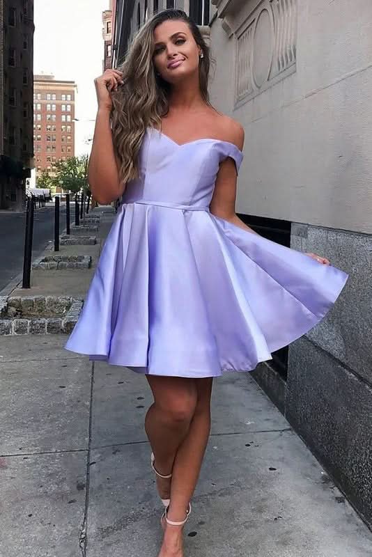 Elegant Off-Shoulder Satin A-Line Homecoming Dress BM bride