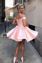 Elegant Off-Shoulder Satin A-Line Homecoming Dress BM bride