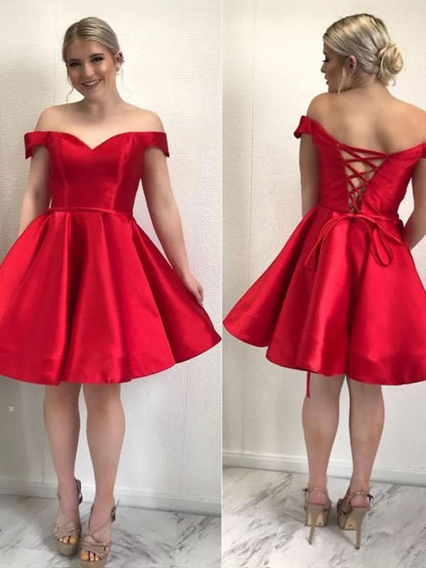 Elegant Off-Shoulder Satin A-Line Homecoming Dress BM bride