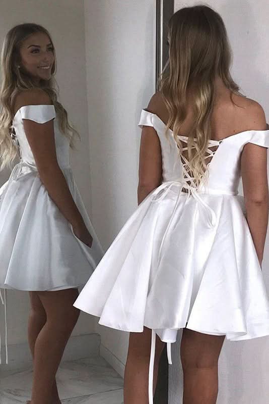 Elegant Off-Shoulder Satin A-Line Homecoming Dress BM bride