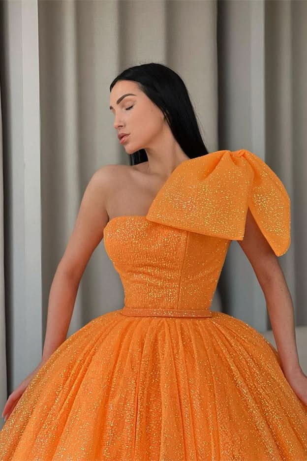 Orange One-Shoulder Ball Gown Evening Dress with Sequins BM bride