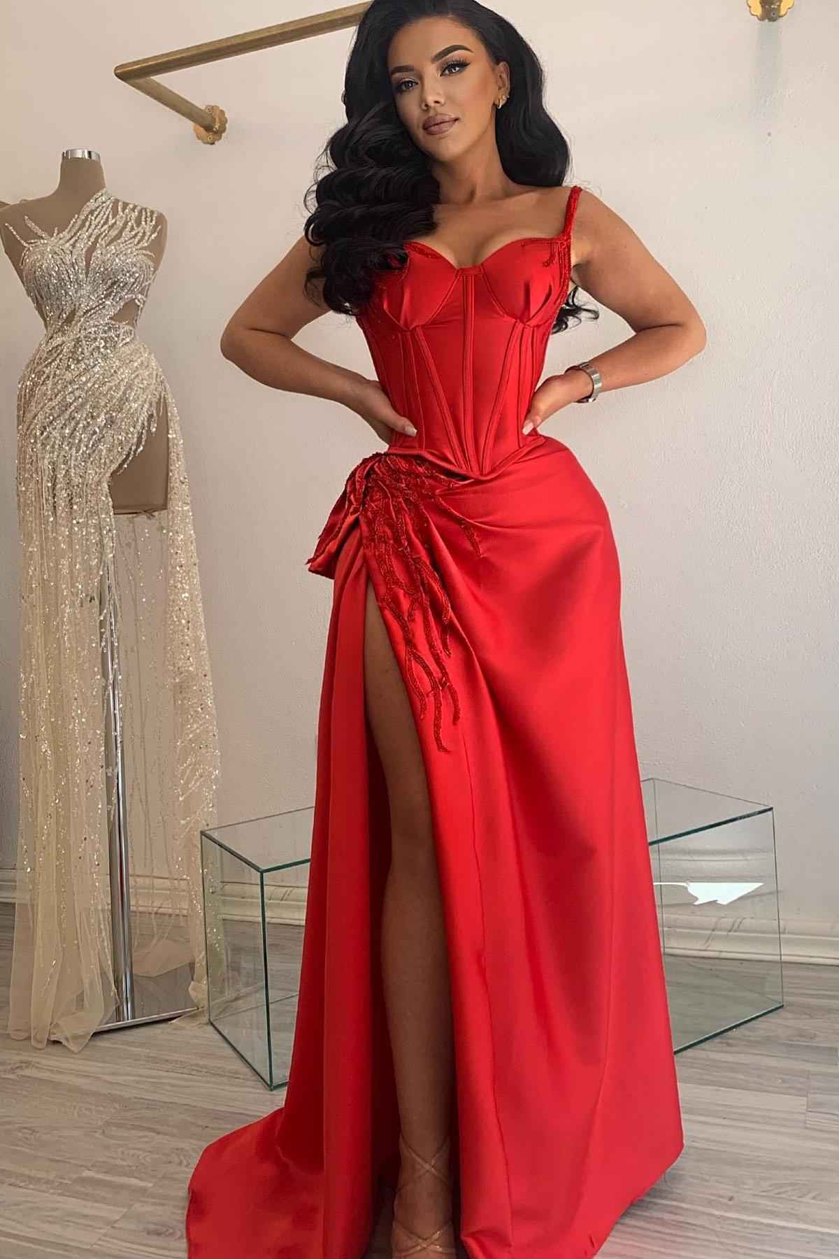 Straps Sweetheart Sleeveless Long Prom Dress With Split Appliques