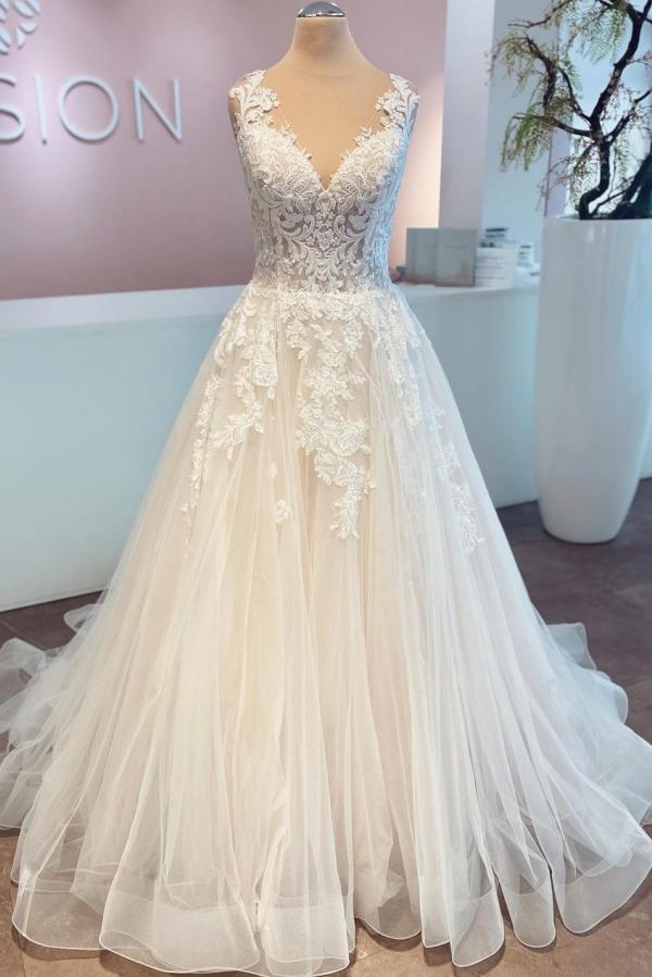 Long A-line V-neck Sleeveless Wedding Dress With Lace Tulle BM bride