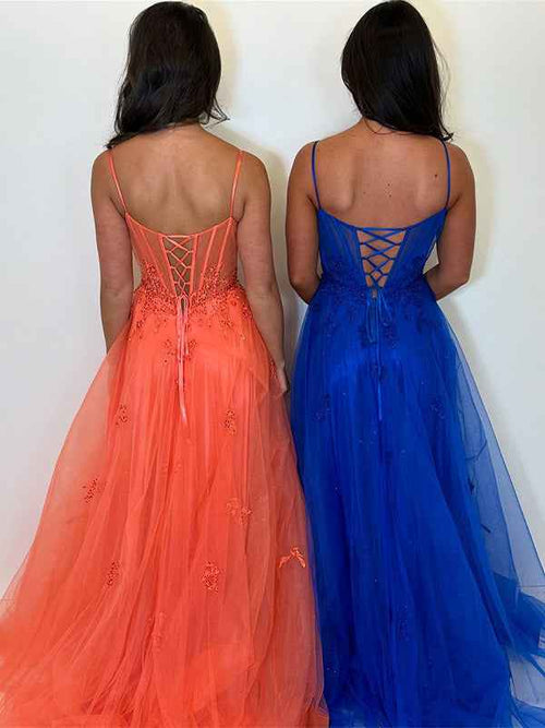 Royal Blue Spaghetti Straps A-Line Tulle Prom Dress with Appliques BMBRIDE