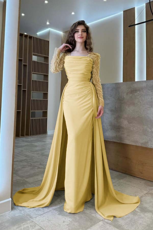 Long Sleeves Square Neck Long Mermaid Prom Dress With Pleated BMBRIDE