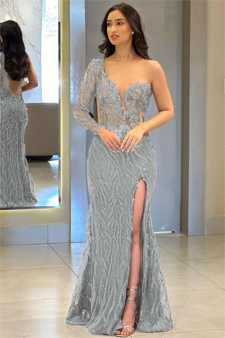 One Shoulder One Long Sleeve Backless Mermaid Split Prom Dress With Appliques