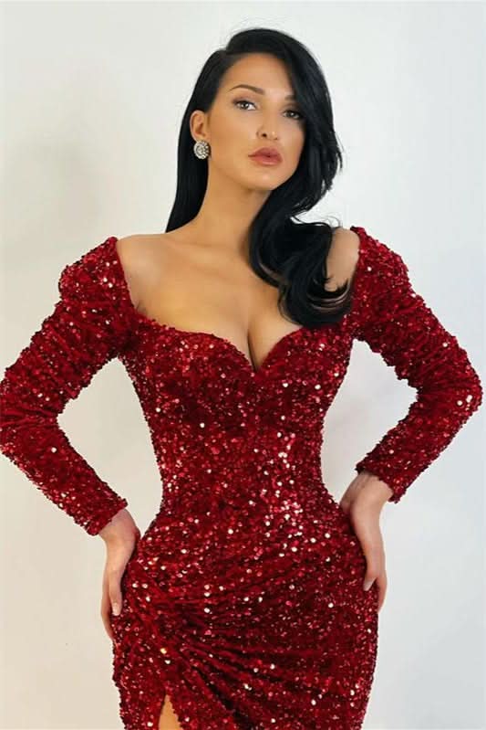 Long Sleeves Mermaid Evening Dress with Sequins and Split BM bride