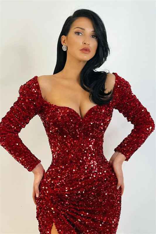 Mermaid Long Sleeves Long Prom Dress Sequins With High Split