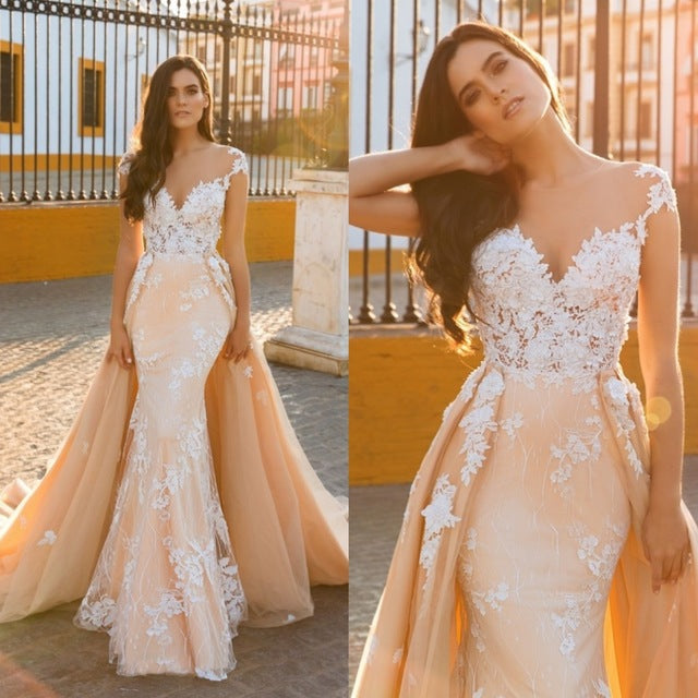 Cap Sleeve Sweetheart Mermaid Wedding Dress with Lace Appliques and Overskirt BM bride