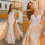 Cap Sleeve Sweetheart Mermaid Wedding Dress with Lace Appliques and Overskirt BM bride