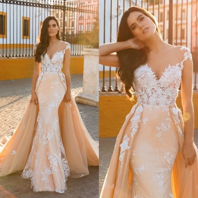 Cap Sleeve Sweetheart Mermaid Wedding Dress with Lace Appliques and Overskirt BM bride