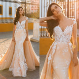 Cap Sleeve Sweetheart Mermaid Wedding Dress with Lace Appliques and Overskirt BM bride