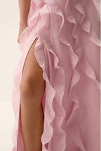 Glamorous Sleeveless Split Strapless Long Prom Dress With Ruffles